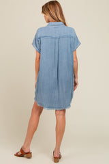 Blue Chambray Frayed Button Down Maternity Dress