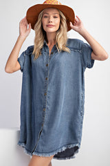 Navy Chambray Frayed Button Down Maternity Dress