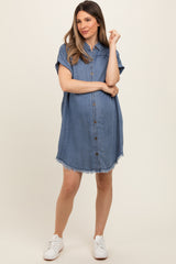 Navy Chambray Frayed Button Down Maternity Dress