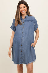 Navy Chambray Frayed Button Down Maternity Dress