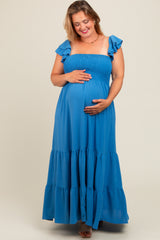 Blue Smocked Ruffle Layered Short Sleeve Tiered Maternity Maxi Dress