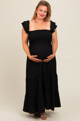 Black Smocked Ruffle Layered Short Sleeve Tiered Maternity Maxi Dress