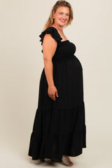 Black Smocked Ruffle Layered Short Sleeve Tiered Maternity Maxi Dress