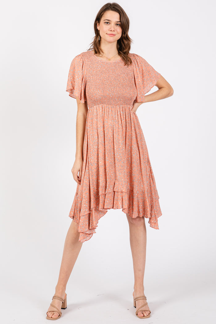 Coral Floral Smocked Ruffle Maternity Dress