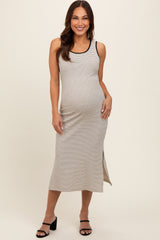 Cream Striped Cutout Cross Back Side Slit Maternity Midi Dress