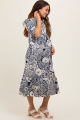 Navy Blue Floral Collared Tiered Maternity Midi Dress