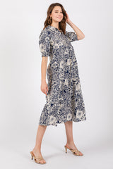 Navy Blue Floral Collared Tiered Midi Dress