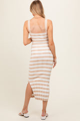 Beige Striped Side Slit Maternity Dress