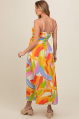 White Abstract Print Pleated Bodice Maternity Maxi Dress