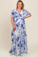 Blue V-Neckline Side Slit Maternity Dress