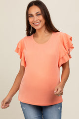 Orange Ruffle Sleeve Ribbed Maternity Top