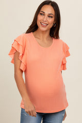 Orange Ruffle Sleeve Ribbed Maternity Top