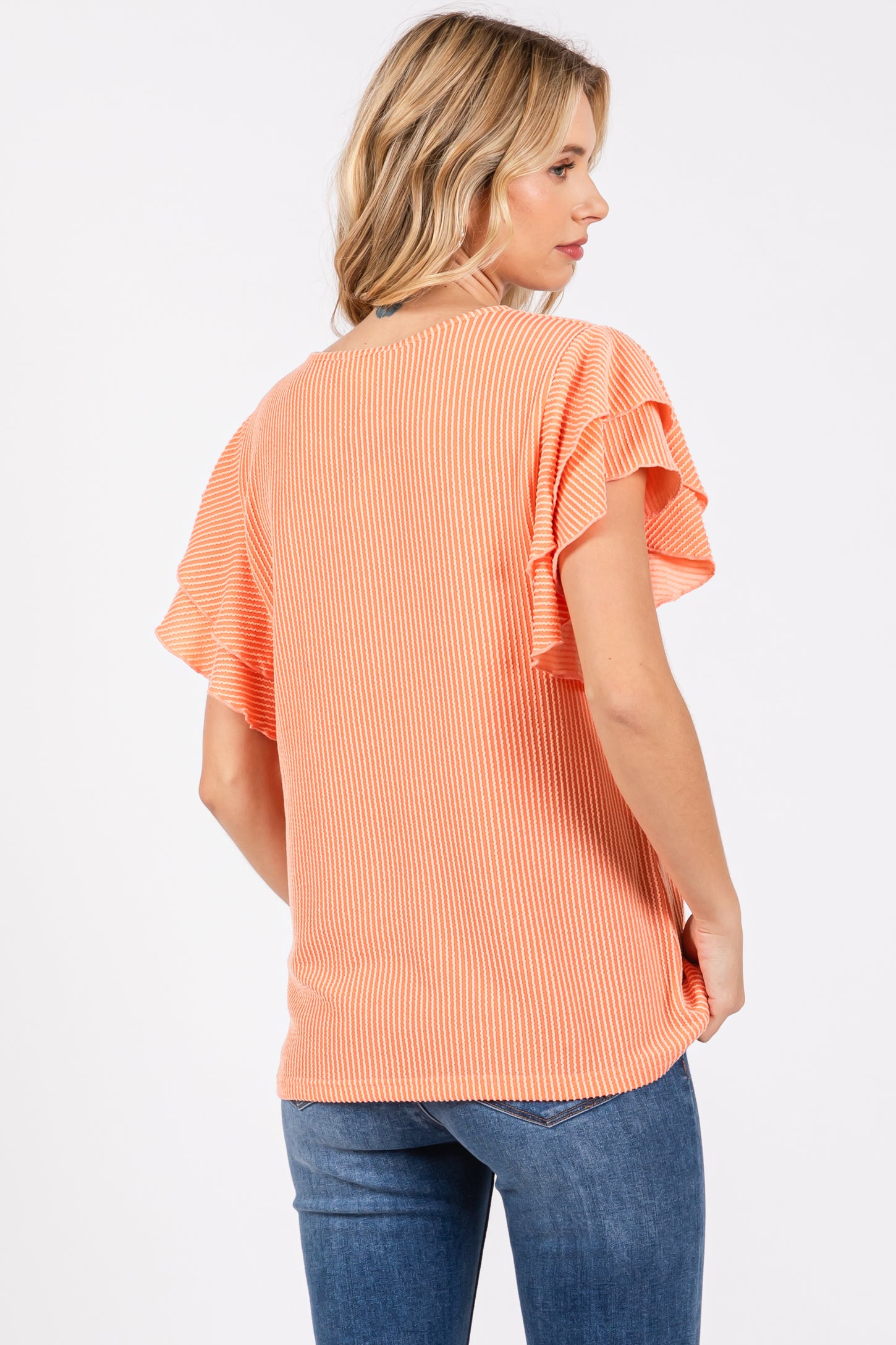 Orange Ruffle Sleeve Ribbed Top