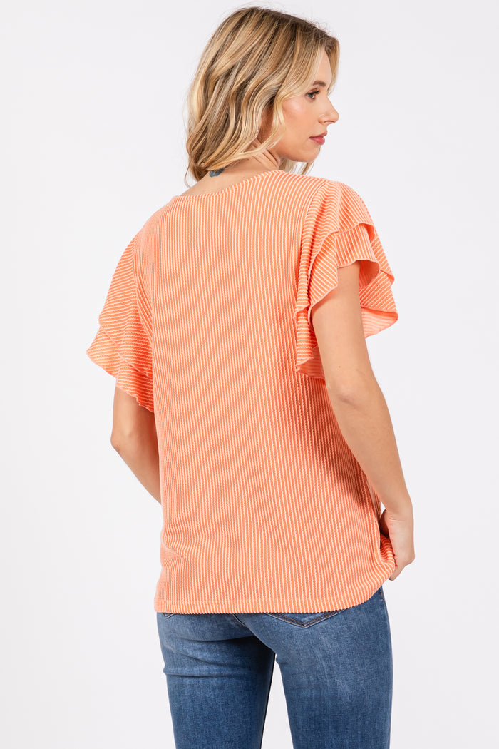 Orange Ruffle Sleeve Ribbed Top