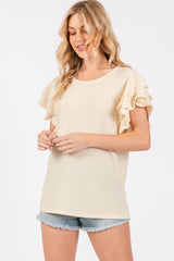 Cream Ruffle Sleeve Ribbed Top