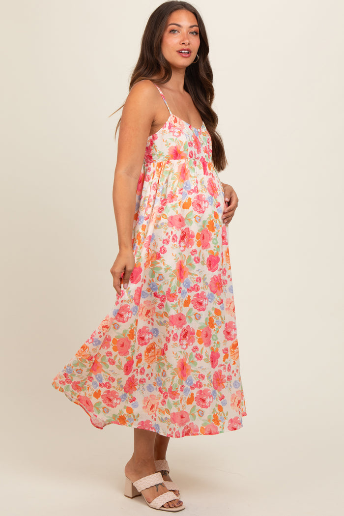 Multi Color Floral Button Front V-Neck Maternity Midi Dress