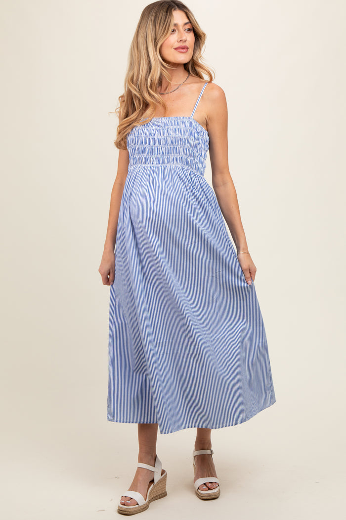 Blue Bartlett Striped Smocked Maternity Midi Dress
