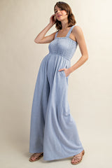 Blue Smocked Wide Leg Jumpsuit