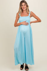 Blue Smocked Wide Leg Maternity Jumpsuit