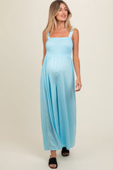 Blue Smocked Wide Leg Maternity Jumpsuit