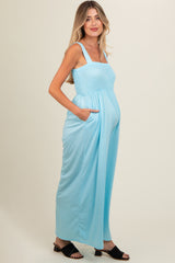 Blue Smocked Wide Leg Maternity Jumpsuit