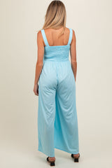 Blue Smocked Wide Leg Maternity Jumpsuit