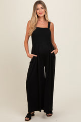 Black Smocked Wide Leg Maternity Jumpsuit