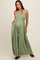 Green Smocked Wide Leg Maternity Jumpsuit