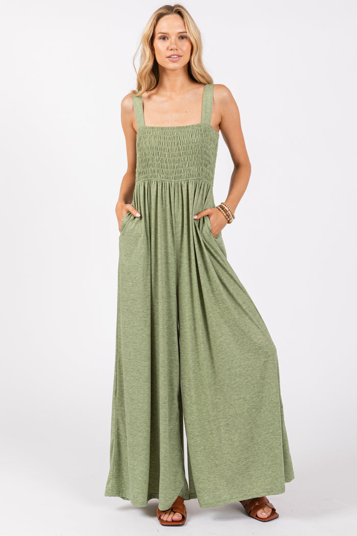 Green Smocked Wide Leg Maternity Jumpsuit