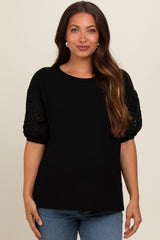 Black Short Puff Eyelet Lace Floral Sleeve Maternity Top