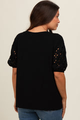 Black Short Puff Eyelet Lace Floral Sleeve Maternity Top