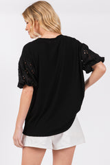 Black Short Puff Eyelet Lace Floral Sleeve Top