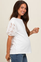 Ivory Short Puff Eyelet Lace Floral Sleeve Maternity Top