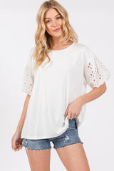 Ivory Short Puff Eyelet Lace Floral Sleeve Top