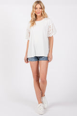 Ivory Short Puff Eyelet Lace Floral Sleeve Top