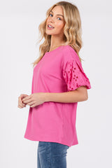 Pink Short Puff Eyelet Lace Floral Sleeve Top