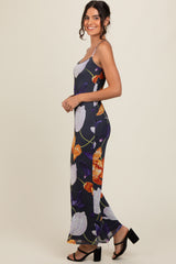 Navy Blue Floral Mesh Sleeveless Maxi Dress