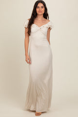 Beige Glitter Sweetheart Neck Ruffle Off Shoulder Maternity Maxi Dress