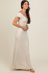 Beige Glitter Sweetheart Neck Ruffle Off Shoulder Maxi Dress