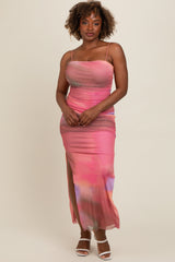 Pink Abstract Print Ruched Side Slit Maxi Dress