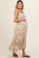 Ivory Watercolor Floral Ruffle Accent Maternity Midi Dress