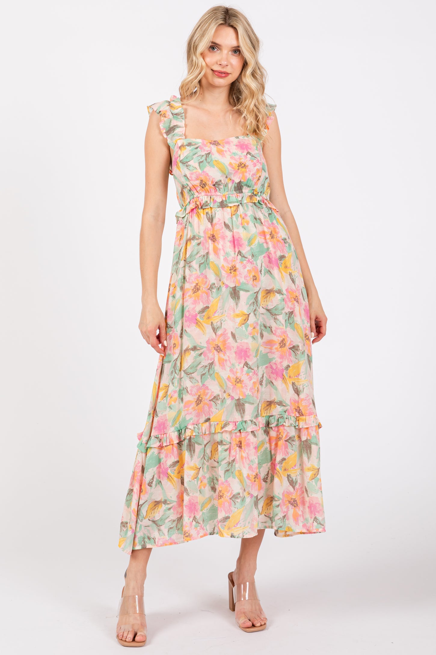 Ivory Watercolor Floral Ruffle Accent Midi Dress