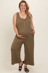 Olive Ribbed Button Front Sleeveless Plus Maternity Jumpsuit