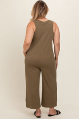 Olive Ribbed Button Front Sleeveless Plus Maternity Jumpsuit