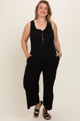 Black Ribbed Button Front Sleeveless Plus Maternity Jumpsuit