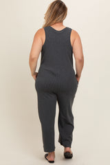 Charcoal Ribbed Button Front Sleeveless Plus Maternity Jumpsuit