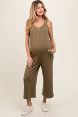 Olive Ribbed Button Front Sleeveless Maternity Jumpsuit