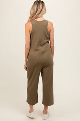 Olive Ribbed Button Front Sleeveless Maternity Jumpsuit