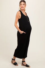 Black Ribbed Button Front Sleeveless Maternity Jumpsuit