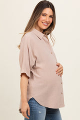 Beige Linen Dolman Half Sleeve Button Down Maternity Top